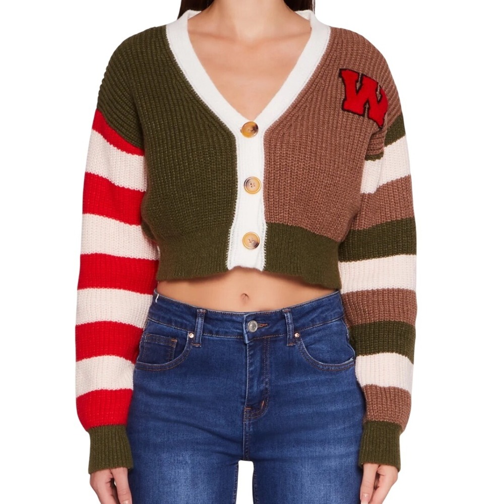 Daisy Colorblock Varsity Cropped Cardigan Sweater W Patch Multi Color Large K119